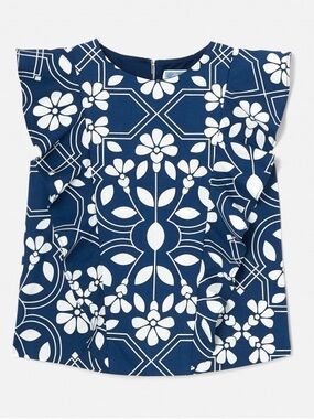 Jacadi Navy Blue and White Floral Top With Ruffles. Size 5.